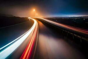 largo exposición de carros conducción en un autopista a noche. generado por ai foto