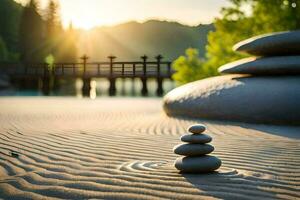 a stack of stones on the sand at sunset. AI-Generated photo