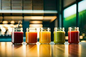 five different colored juices in jars on a table. AI-Generated photo