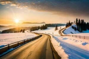 a road in the snow with the sun setting behind it. AI-Generated photo