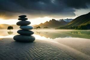 photo wallpaper the sky, mountains, water, sunrise, the mountains, lake, rocks, the. AI-Generated