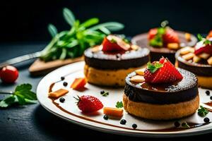 small desserts with chocolate and strawberries on a plate. AI-Generated photo