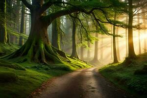 a path through a forest with trees and sun. AI-Generated photo