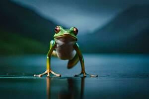 a frog standing on the edge of a lake. AI-Generated photo