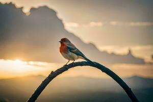 a red bird perched on a branch in front of a sunset. AI-Generated photo