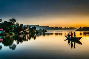 dos personas en un barco en un lago a amanecer. generado por ai foto