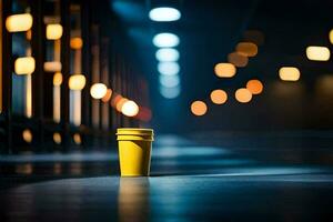 a yellow cup sitting on the floor in a dark room. AI-Generated photo