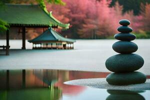 un apilar de rocas en el agua siguiente a un pagoda. generado por ai foto