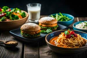 un mesa con comida y bebidas generado por ai foto