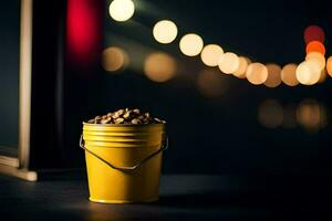 a yellow bucket with a lit up city in the background. AI-Generated photo