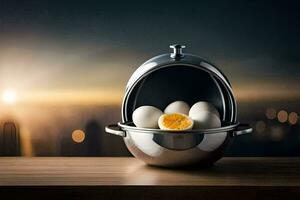 a bowl of eggs on a table with a cityscape in the background. AI-Generated photo