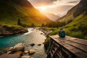 a man sits on a wooden bridge overlooking a river in the mountains. AI-Generated photo