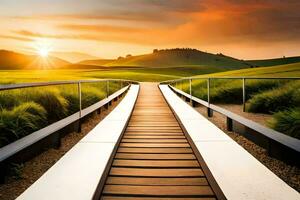 un de madera pasarela Guías a un herboso campo. generado por ai foto