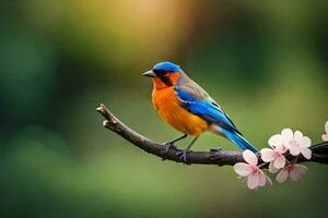 a colorful bird sits on a branch with flowers. AI-Generated photo