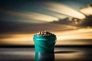 a bucket of peanuts on a table in front of a sunset. AI-Generated photo