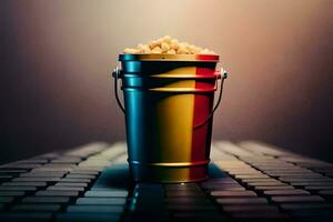 a bucket of popcorn sitting on top of a keyboard. AI-Generated photo
