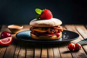 un hamburguesa con fresas y queso en un lámina. generado por ai foto