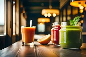 two glasses of juice and a smoothie on a table. AI-Generated photo
