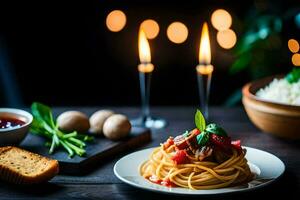 spaghetti with meat and vegetables on a plate. AI-Generated photo