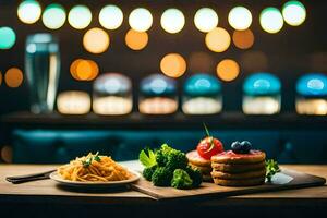 un plato de comida con brócoli y pasta en él. generado por ai foto