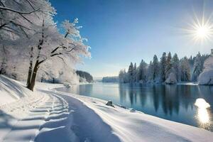 nieve cubierto arboles y un río en invierno. generado por ai foto