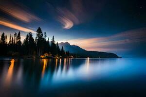 un largo exposición fotografía de un montaña rango y lago a noche. generado por ai foto