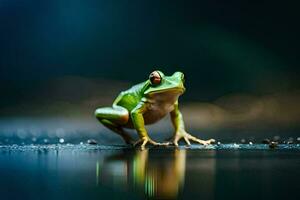 a frog sitting on the ground with its reflection. AI-Generated photo
