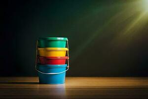 a stack of colorful buckets on a wooden table. AI-Generated photo