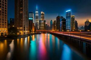 the chicago skyline at night with lights on the buildings. AI-Generated photo