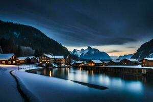 un lago y nieve cubierto montañas a oscuridad. generado por ai foto