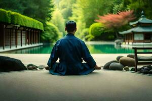 a man in a blue robe meditating in front of a pond. AI-Generated photo