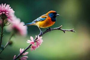 a colorful bird sits on a branch with pink flowers. AI-Generated photo