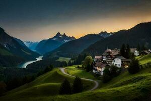 the sun sets over a mountain village in the alps. AI-Generated photo