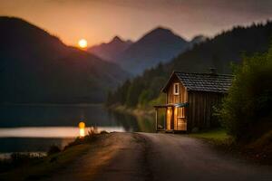 a small cabin sits on the side of a road near a lake. AI-Generated photo