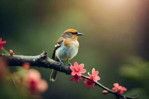 a bird sits on a branch with flowers in the background. AI-Generated photo