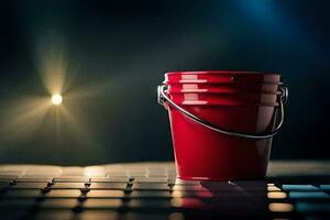 a red bucket on a laptop keyboard. AI-Generated photo