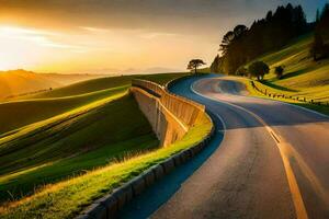 un devanado la carretera en el montañas con un puesta de sol. generado por ai foto