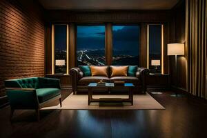 a living room with a view of the city at night. AI-Generated photo