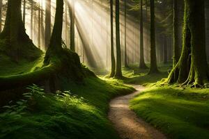 un camino mediante un verde bosque con rayos de sol brillante abajo. generado por ai foto