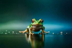 a frog sitting on the ground with water droplets. AI-Generated photo