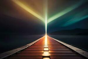 un largo puente con luces brillante en él. generado por ai foto