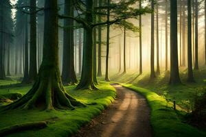 un camino mediante un bosque con arboles y césped. generado por ai foto