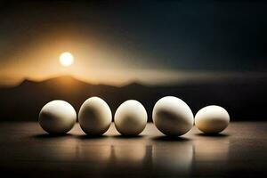 five eggs are lined up in front of a sunset. AI-Generated photo