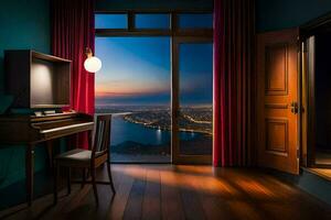 a piano and a window with a view of the city. AI-Generated photo