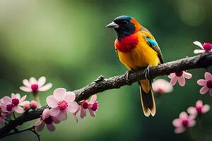 a colorful bird sits on a branch with pink flowers. AI-Generated photo