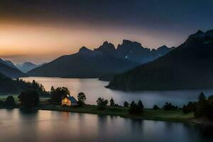 un lago y montaña rango a puesta de sol. generado por ai foto