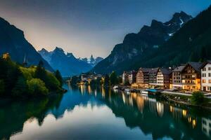 el pueblo de hallstatt, Austria, a oscuridad. generado por ai foto