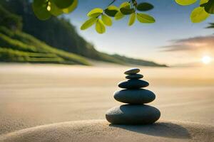 a stack of stones on the beach. AI-Generated photo