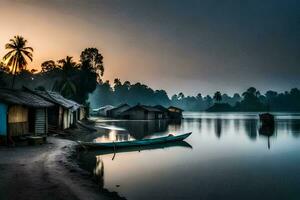 a boat sits on the shore of a lake at sunset. AI-Generated photo