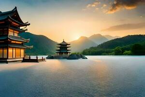 a pagoda sits on the shore of a lake at sunset. AI-Generated photo